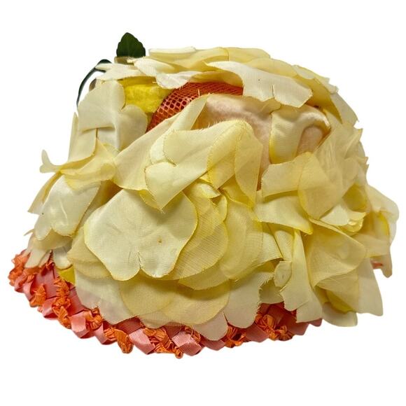 Vintage 1960s Yellow Floral Pillbox Hat Orange Raffia Brim Size 7 main image 5